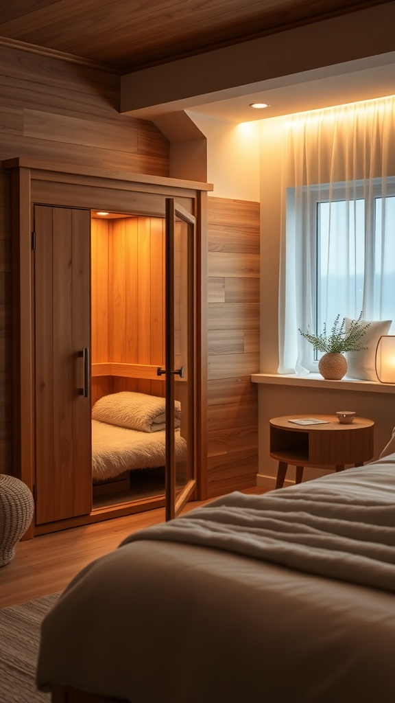 A cozy bedroom corner featuring a wooden sauna, soft towels, and warm lighting.