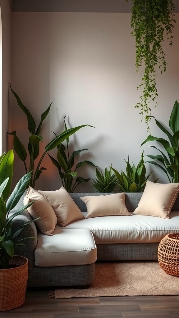 A cozy corner featuring a sunken sofa surrounded by indoor plants, creating a relaxing atmosphere.