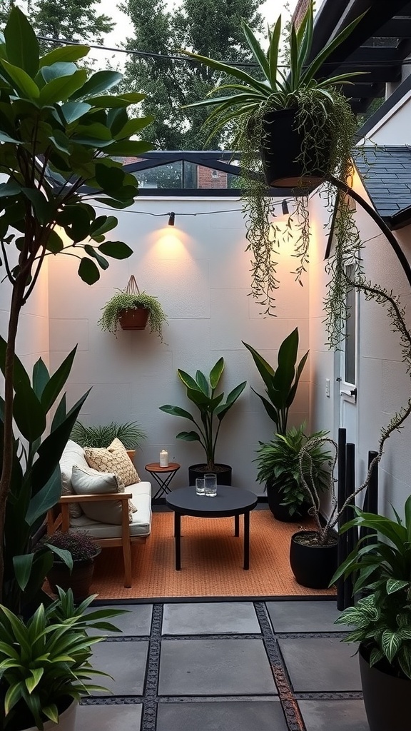A cozy corner patio with plants, a chair, and a small table.