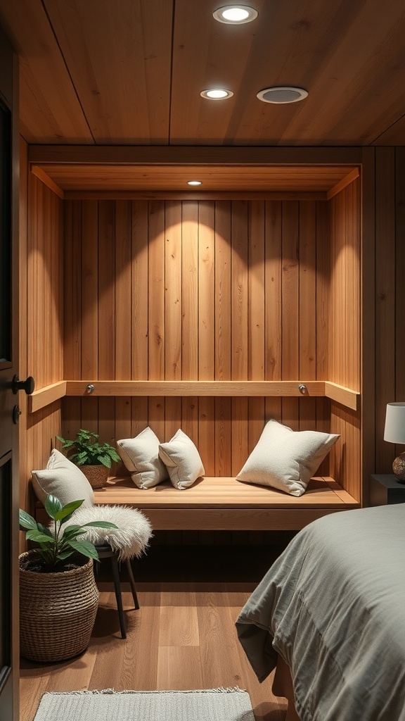 Cozy corner sauna retreat with wooden paneling, seating area, and plants