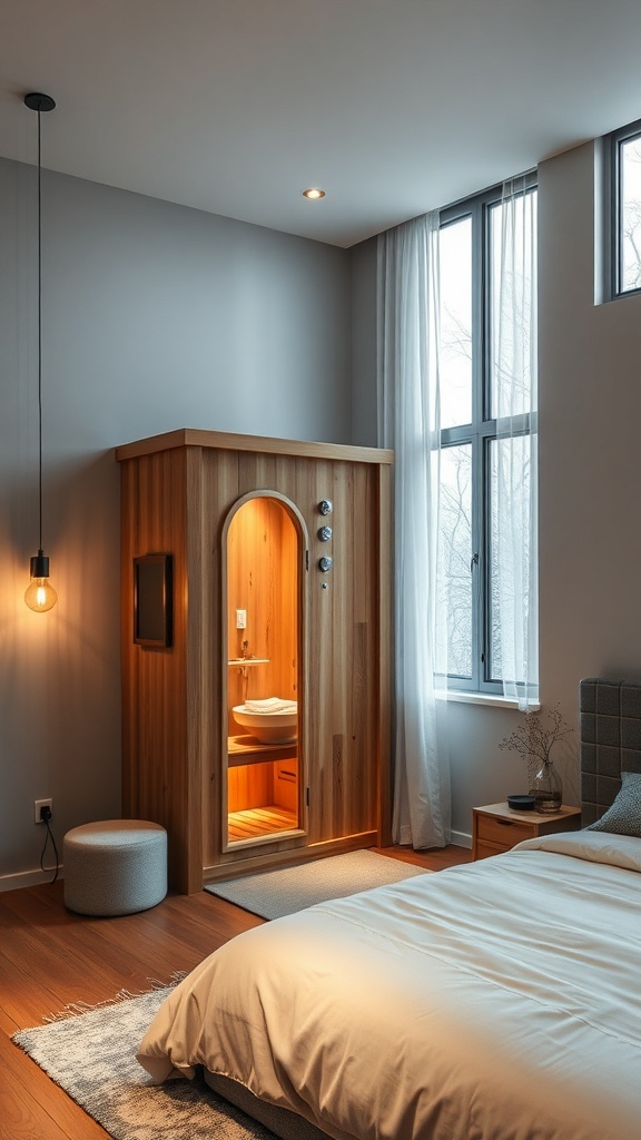 A cozy bedroom featuring a wooden sauna, soft bedding, and large windows.