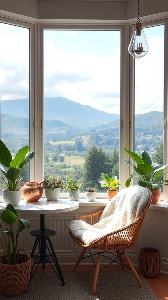 A cozy corner with a chair, table, and plants, overlooking a scenic view.