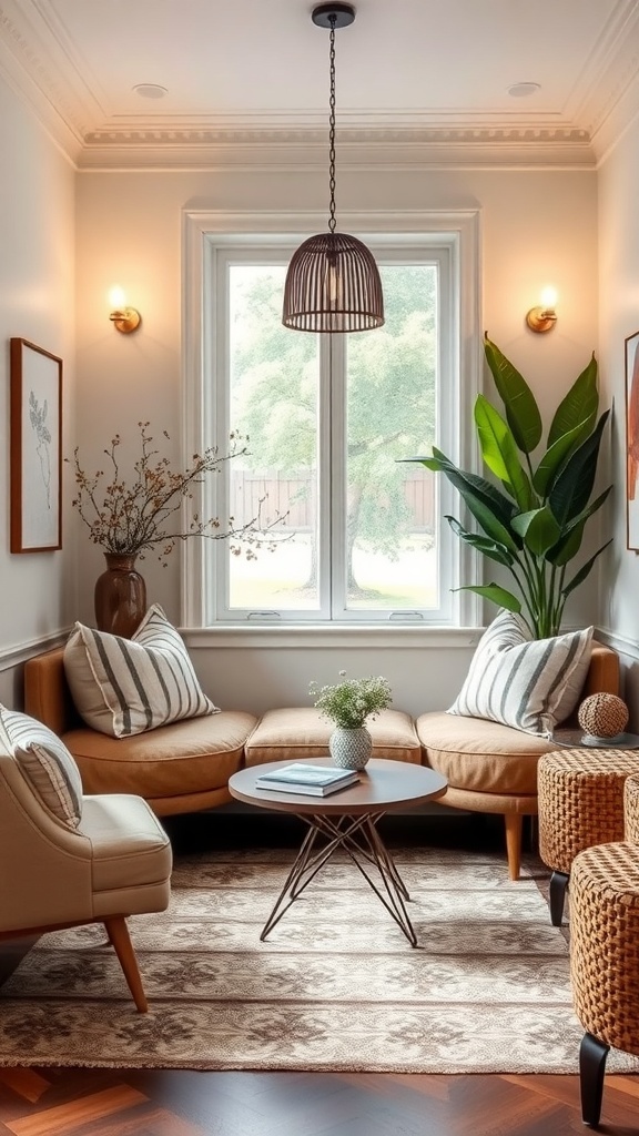 A cozy corner with pillowed seating, a round coffee table, and natural light from a window.