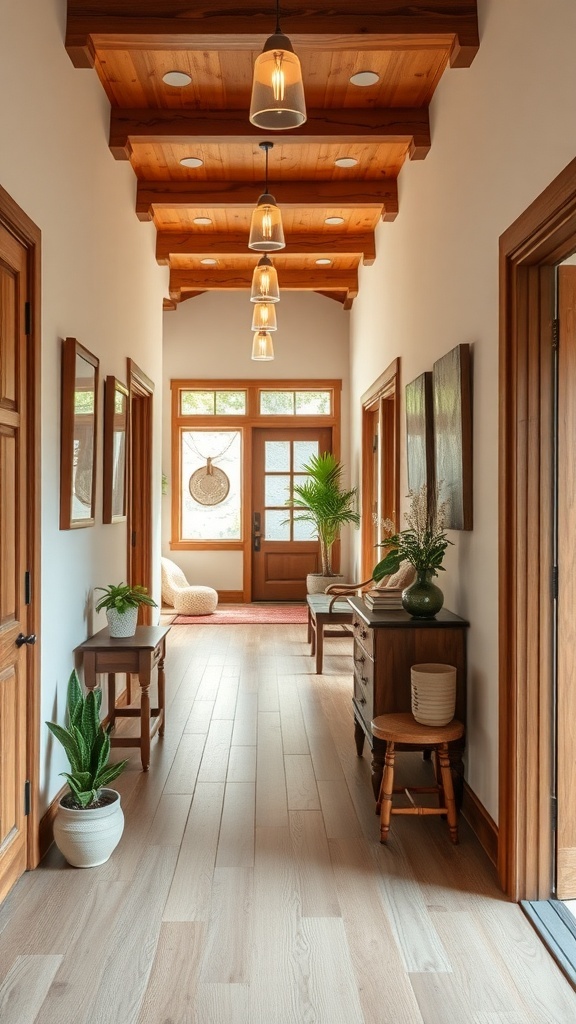 A cozy bungalow hallway featuring wooden beams, plants, and warm lighting.