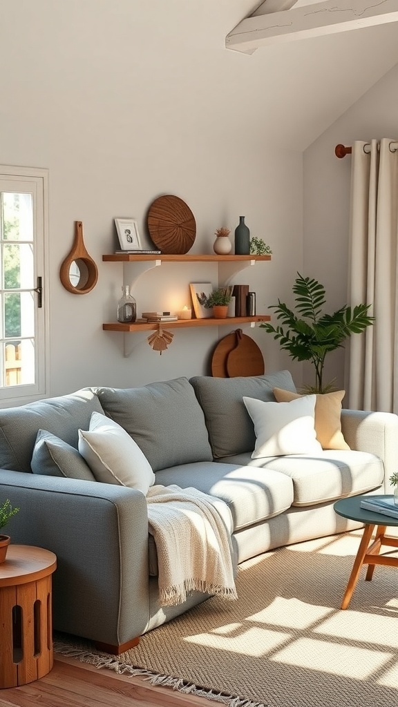 Cozy living room featuring a grey sofa with pillows, a throw, and wooden decor elements.