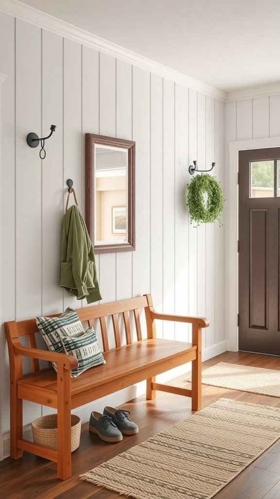 Cozy farmhouse entryway with a wooden bench, hooks, mirror, and a green wreath