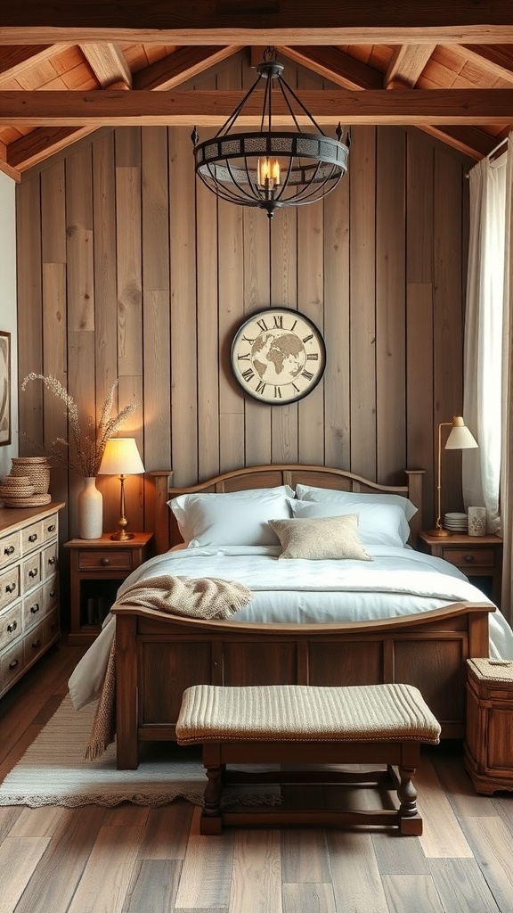 A cozy farmhouse bedroom featuring wooden walls, a large bed with white bedding, and warm lighting.