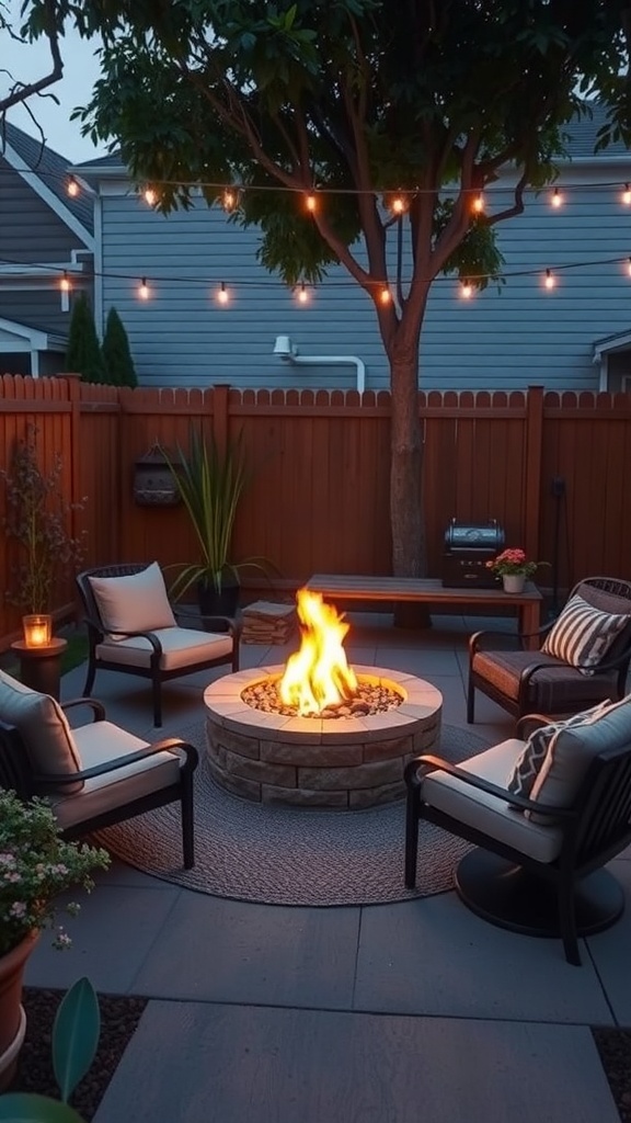 Cozy fire pit area with chairs and a stone fire pit in a backyard setting.
