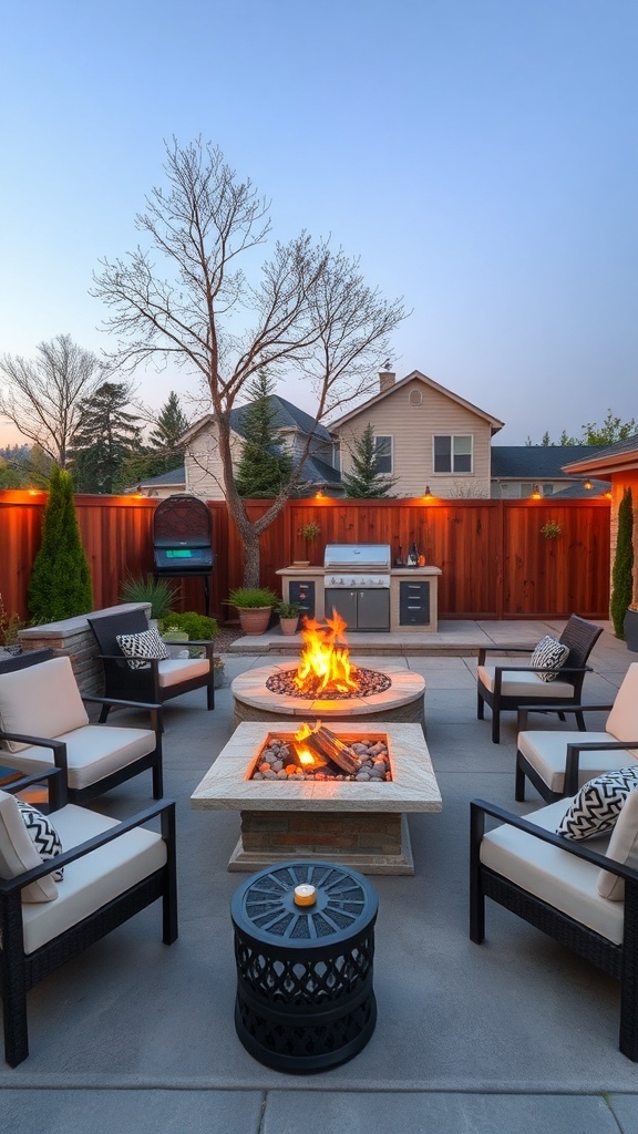 Cozy fire pit dining area with comfortable seating and an outdoor kitchen in the background.