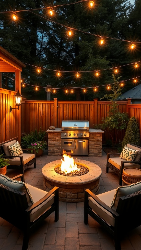 Cozy outdoor grill corner with a fire pit and string lights