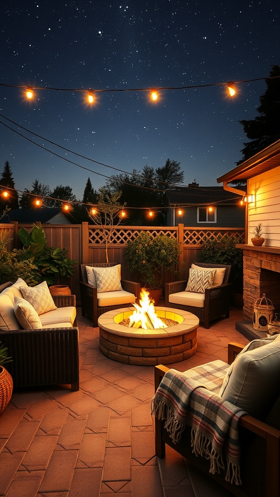 Cozy outdoor seating area with a fire pit, surrounded by string lights and greenery.