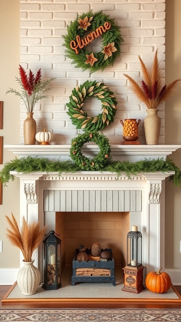 A cozy fireplace decorated with wreaths, pampas grass, lanterns, and seasonal items.