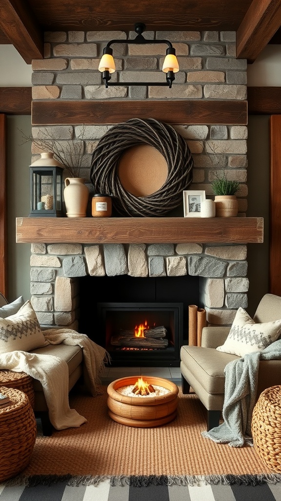 A cozy fireplace nook featuring stone walls, a wooden mantle, comfortable seating, and a round fire pit.