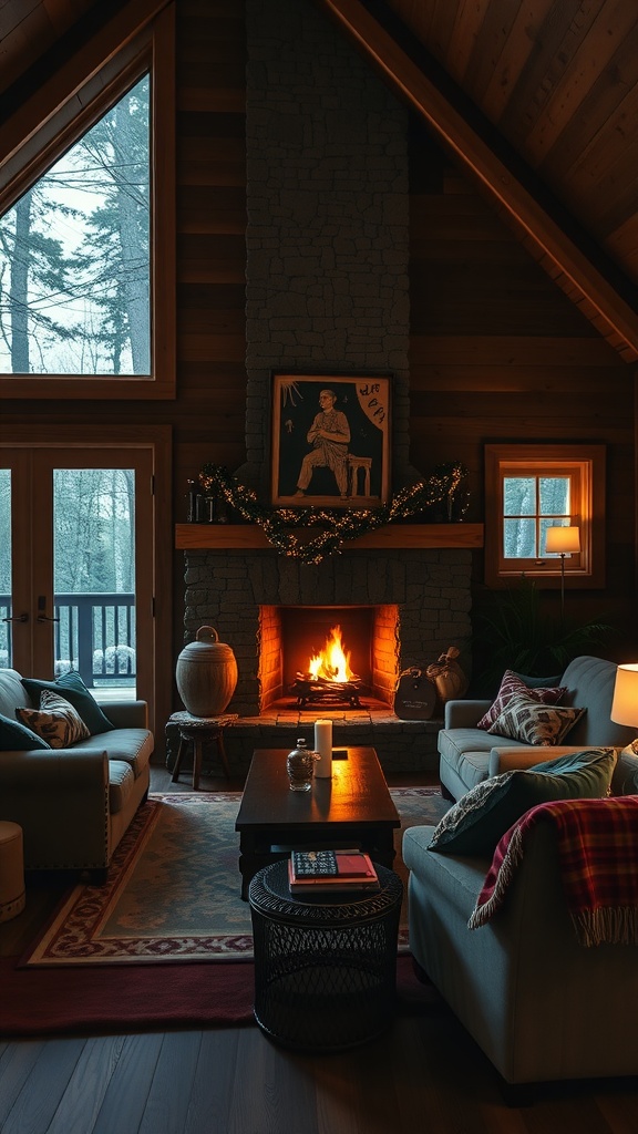 Cozy cabin interior with a stone fireplace, plush sofas, and large windows showing a snowy landscape.