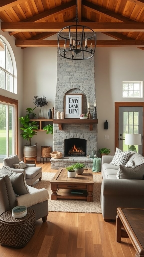 A cozy farmhouse living room with a stone fireplace, comfortable seating, and natural light.
