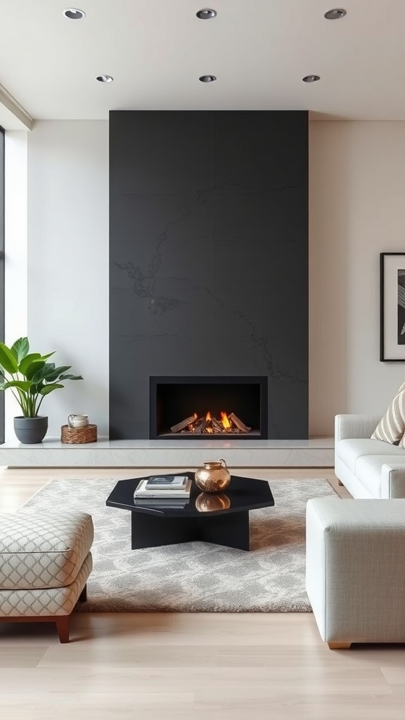 Ein moderner, minimalistischer Wohnraum mit einem Kamin als zentralem Element.