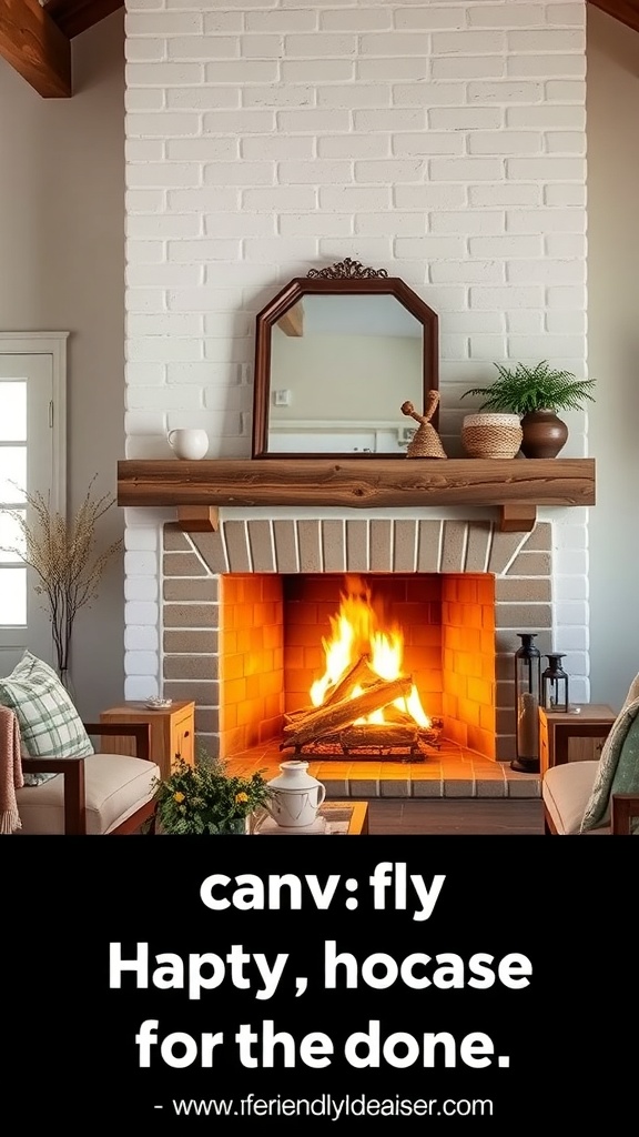 A cozy fireplace with a white brick wall and wooden mantel, surrounded by comfortable seating.