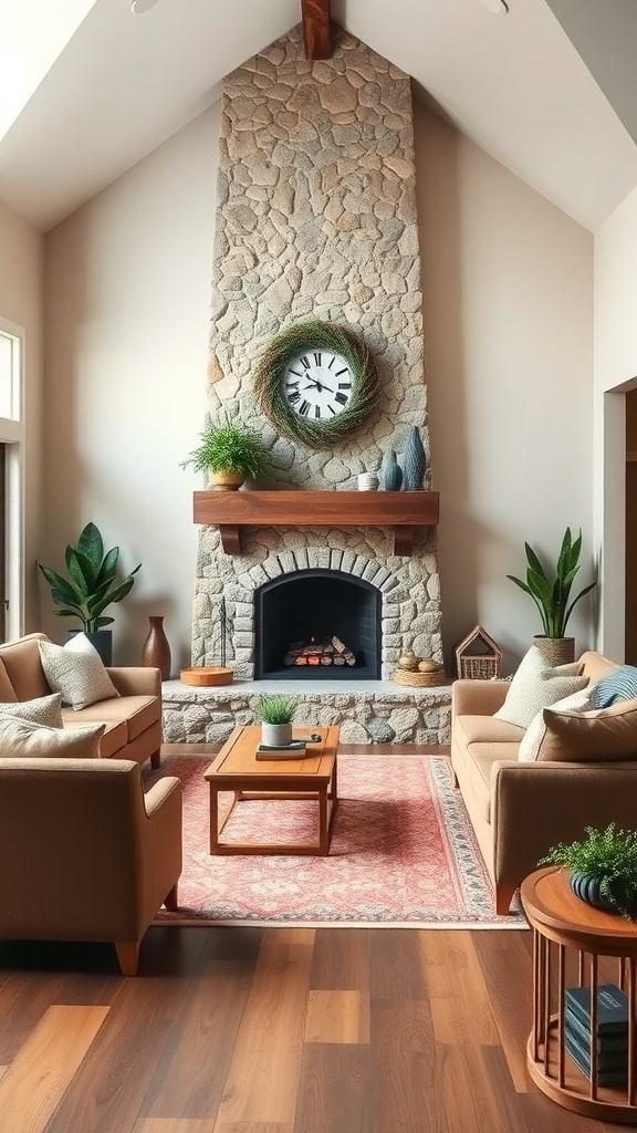 A cozy living room with a stone fireplace, comfortable seating, and decorative elements.