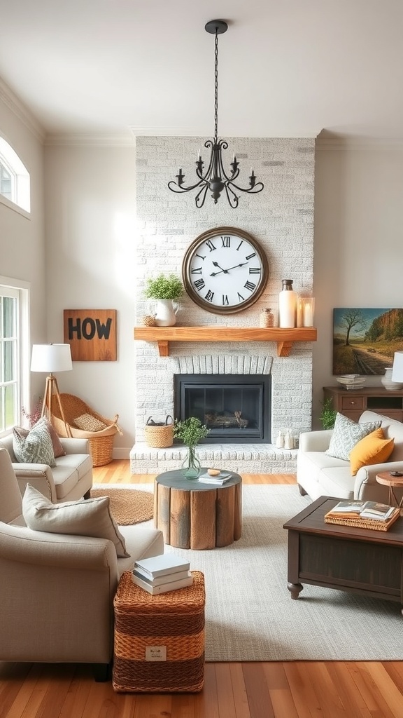Cozy living room featuring a brick fireplace, wooden mantel, and comfortable seating.