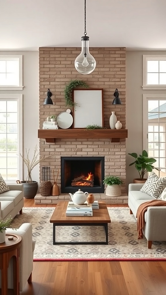 A cozy living room featuring a brick fireplace, warm lighting, and comfortable seating.