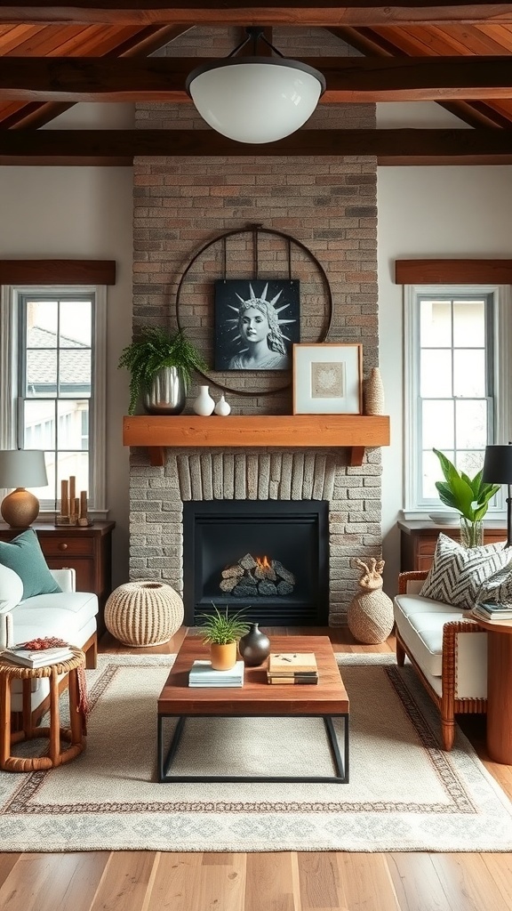 Cozy living room with a fireplace, featuring a brick wall, wooden mantel, and stylish decor.