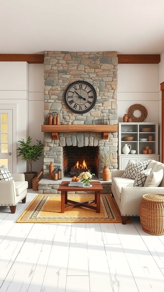 A cozy rustic farmhouse living room featuring a stone fireplace, comfortable seating, and warm decor.