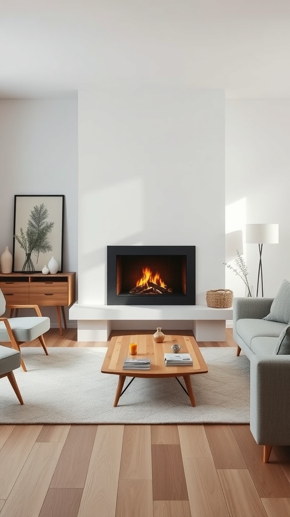 A modern Scandinavian living room featuring a cozy fireplace, minimalist furniture, and a neutral color palette.