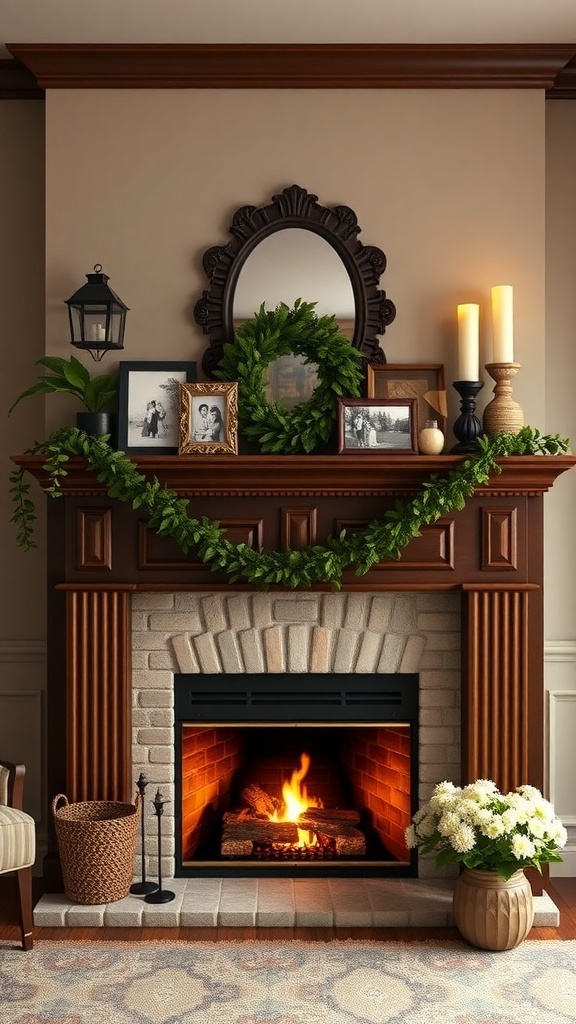 A cozy fireplace with a decorated mantel featuring a wreath, candles, and framed photos.