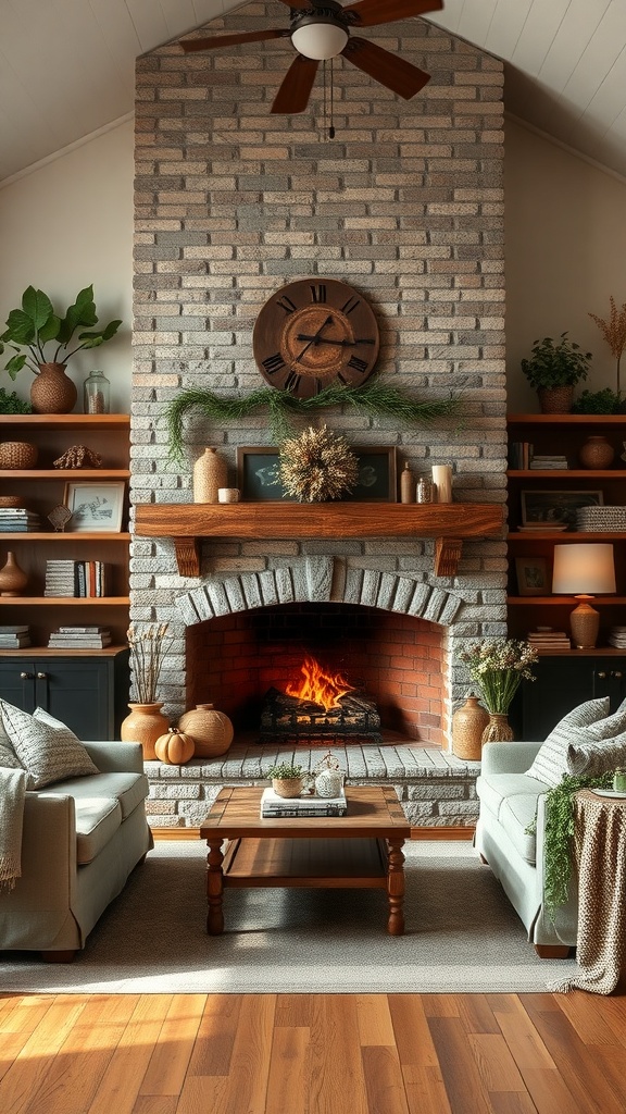 A cozy fireplace with stonework, wooden mantel, and rustic decor in a modern farmhouse setting.