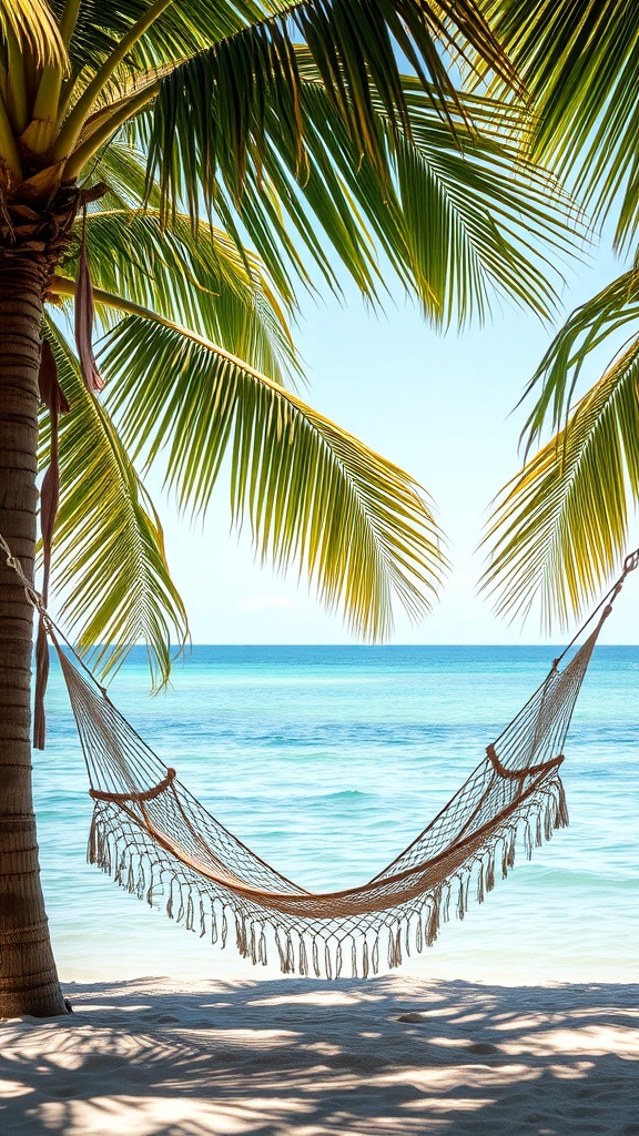 A hammock between palm trees overlooking the ocean