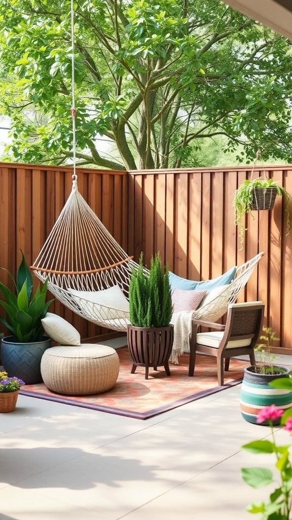 A cozy hammock corner with a hammock, potted plants, cushions, and a colorful rug.