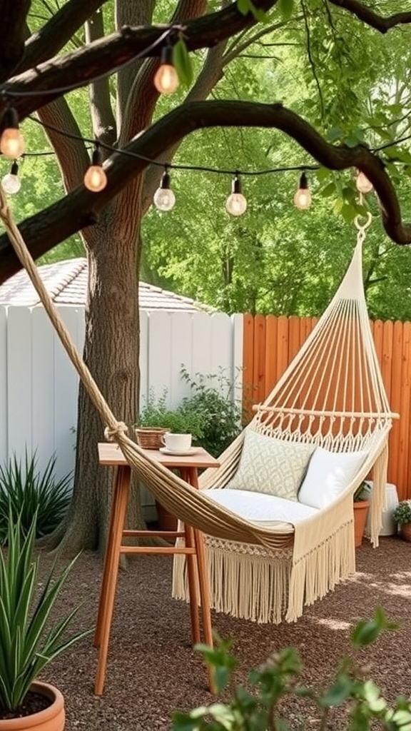 A cozy hammock nook with string lights, a side table, and greenery.