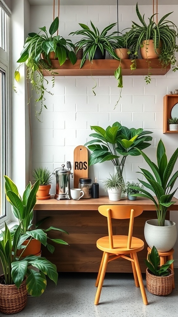A cozy coffee bar with various indoor plants, a wooden shelf, and an orange chair.