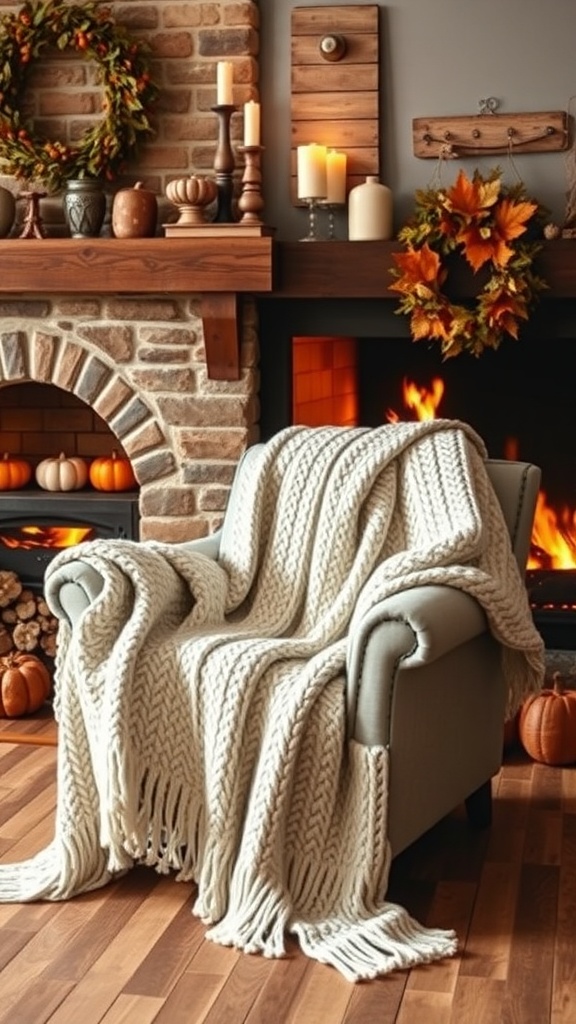 A cozy knit throw blanket draped over a chair in a warm, inviting living room with a fireplace.