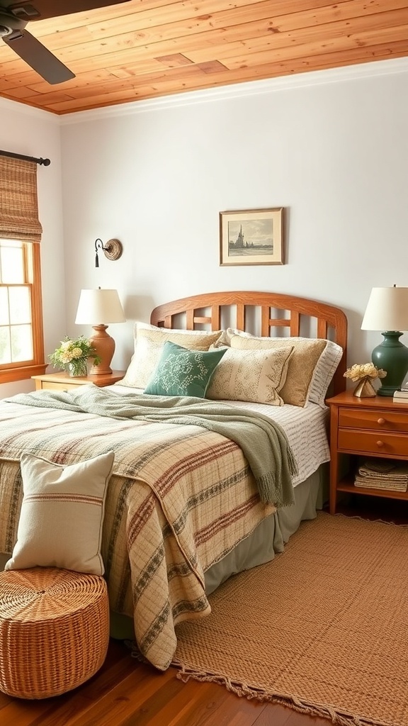 A cozy bedroom with layered textiles, featuring a plaid blanket, decorative pillows, and a woven rug.