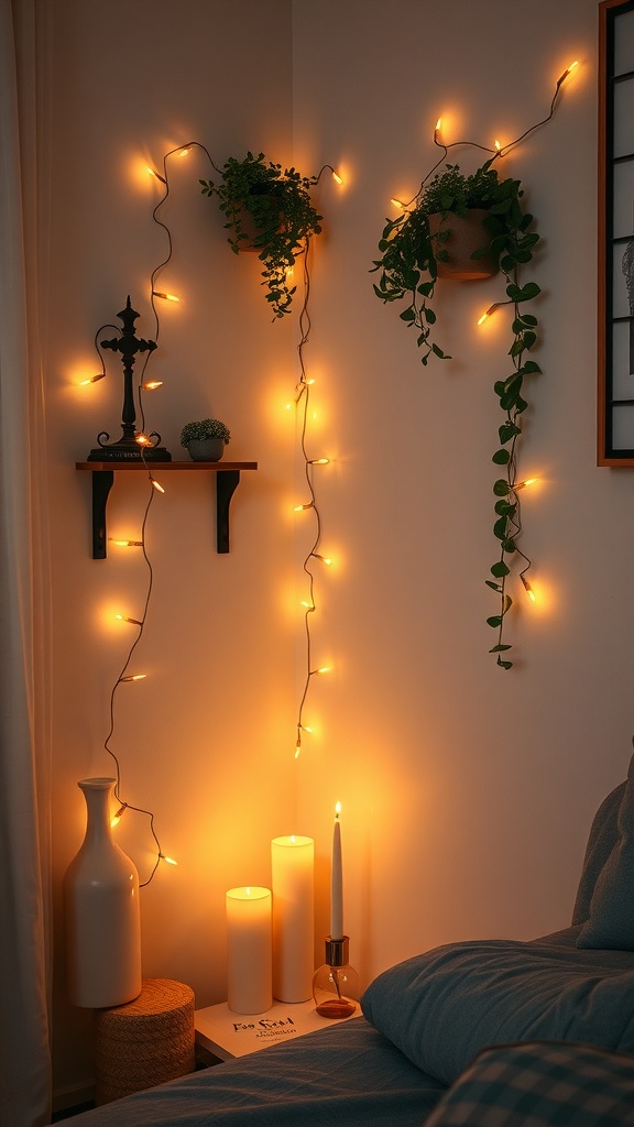 Cozy corner with string lights, candles, and plants for warm lighting.