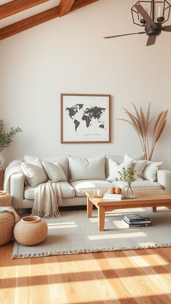A cozy living room featuring a light-colored sofa with neutral textiles, a wooden coffee table, woven baskets, and a world map on the wall.