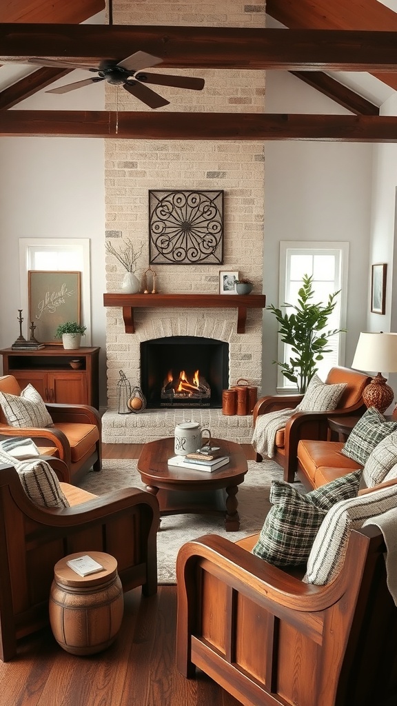 Cozy living room with rustic accents featuring a stone fireplace, wooden beams, and comfortable seating.