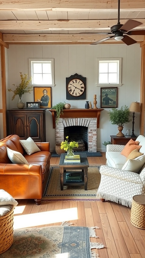 Cozy living room featuring a leather sofa, vintage decor, and a brick fireplace