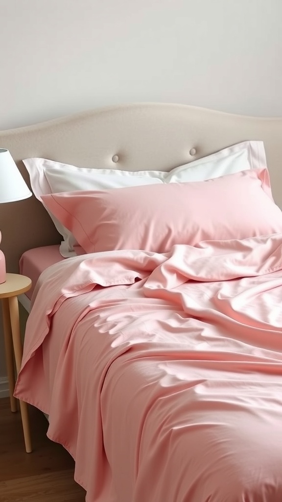 Cozy pink microfiber sheets on a bed with a lamp and bedside table