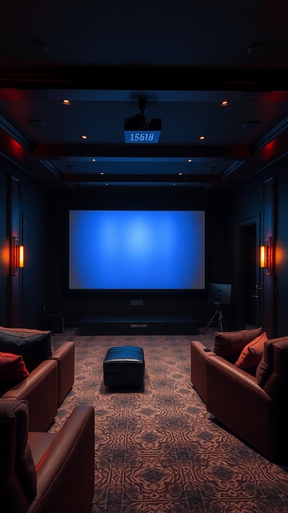 Cozy movie den with plush seating, warm lighting, and a large screen.