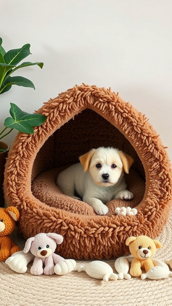 A small dog resting in a cozy, cave-like dog bed surrounded by plush toys.