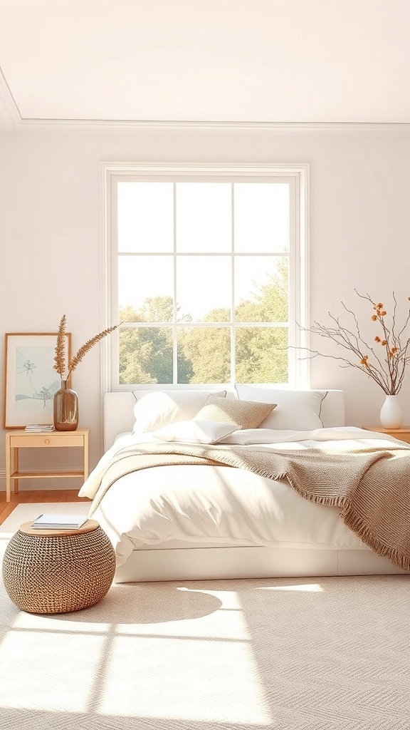 A cozy bedroom featuring neutral colors, soft bedding, and natural light.