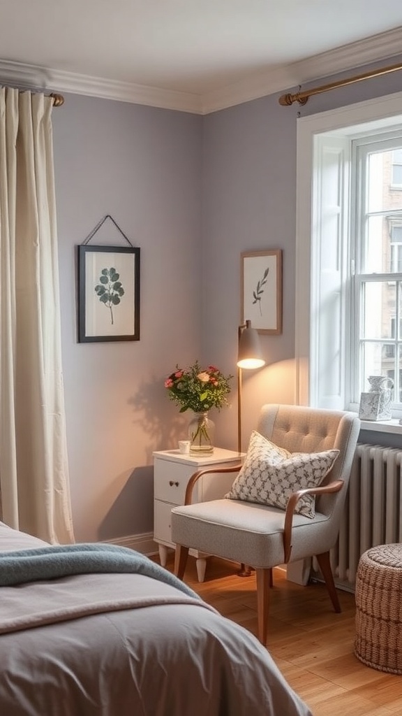 A cozy bedroom nook featuring a comfortable chair, a side table with flowers, and soft lighting.