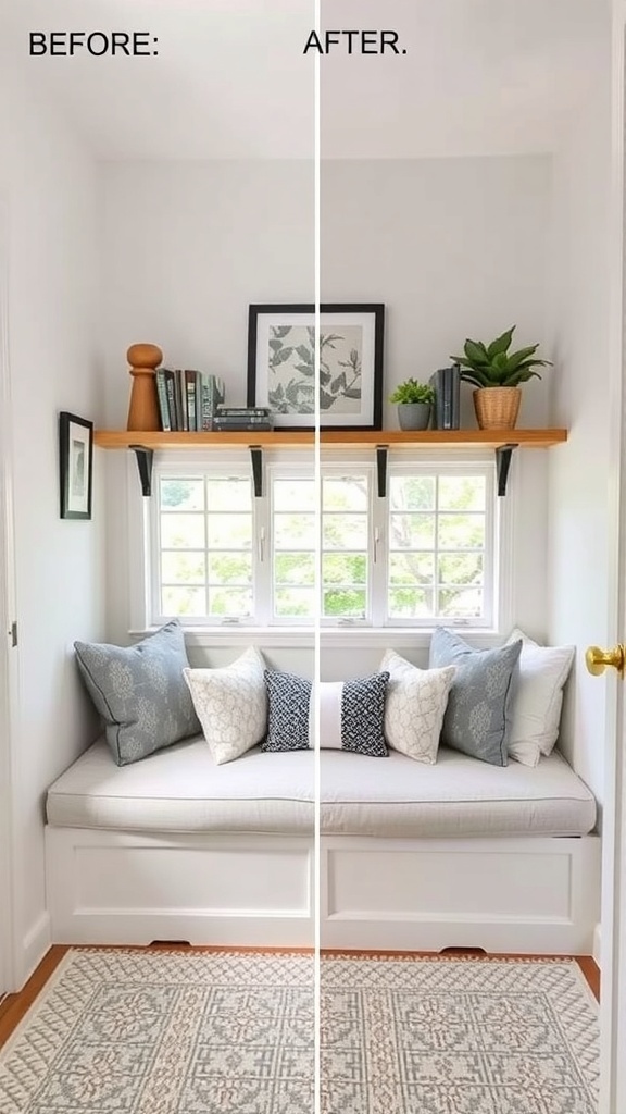 Before and after image of a cozy nook transformation with pillows and decor.
