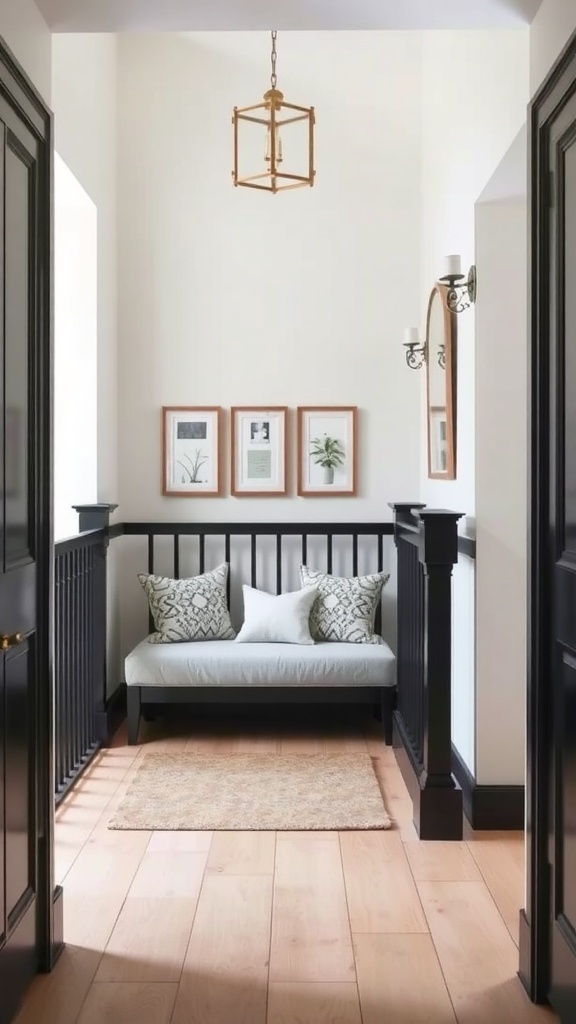 Cozy nook in a hallway with a black bannister, seating, and framed botanical art.