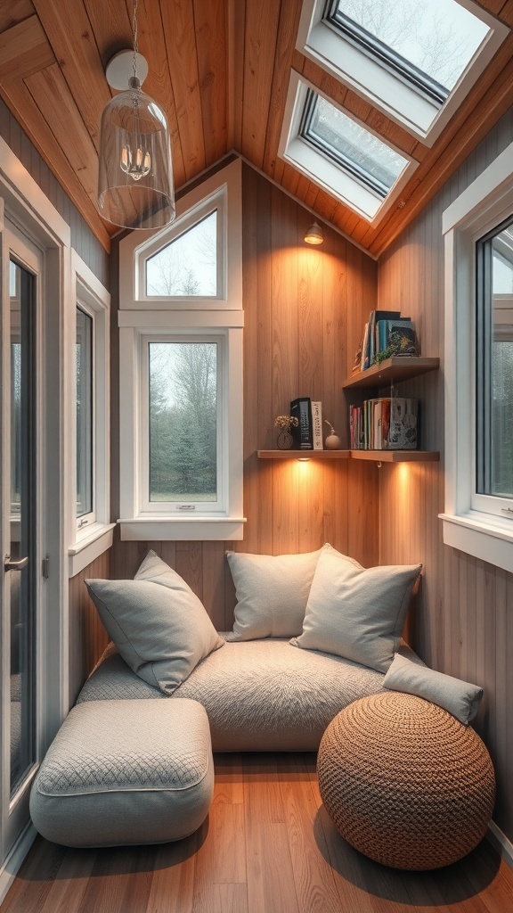 Gemütliche Leseecke in einem Tiny House mit Kissen und einem Pouf