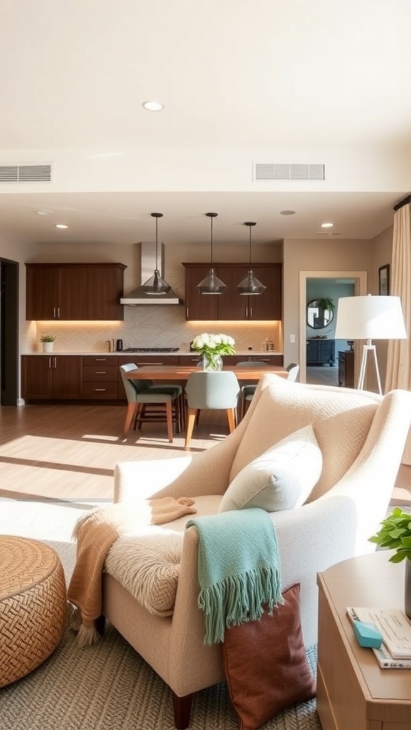 Cozy living room nook with an armchair, ottoman, and dining area in the background.