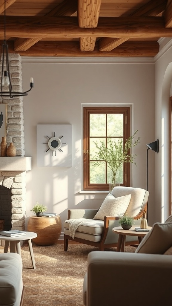 A cozy nook in a rustic living room featuring wooden beams, a comfortable armchair, a stone fireplace, and natural light from large windows.