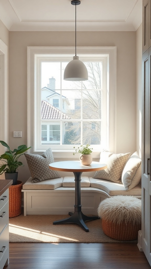 Cozy kitchen nook with plush seating and a small table by a window.